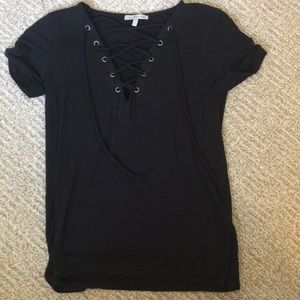 Black soft lace up V neck